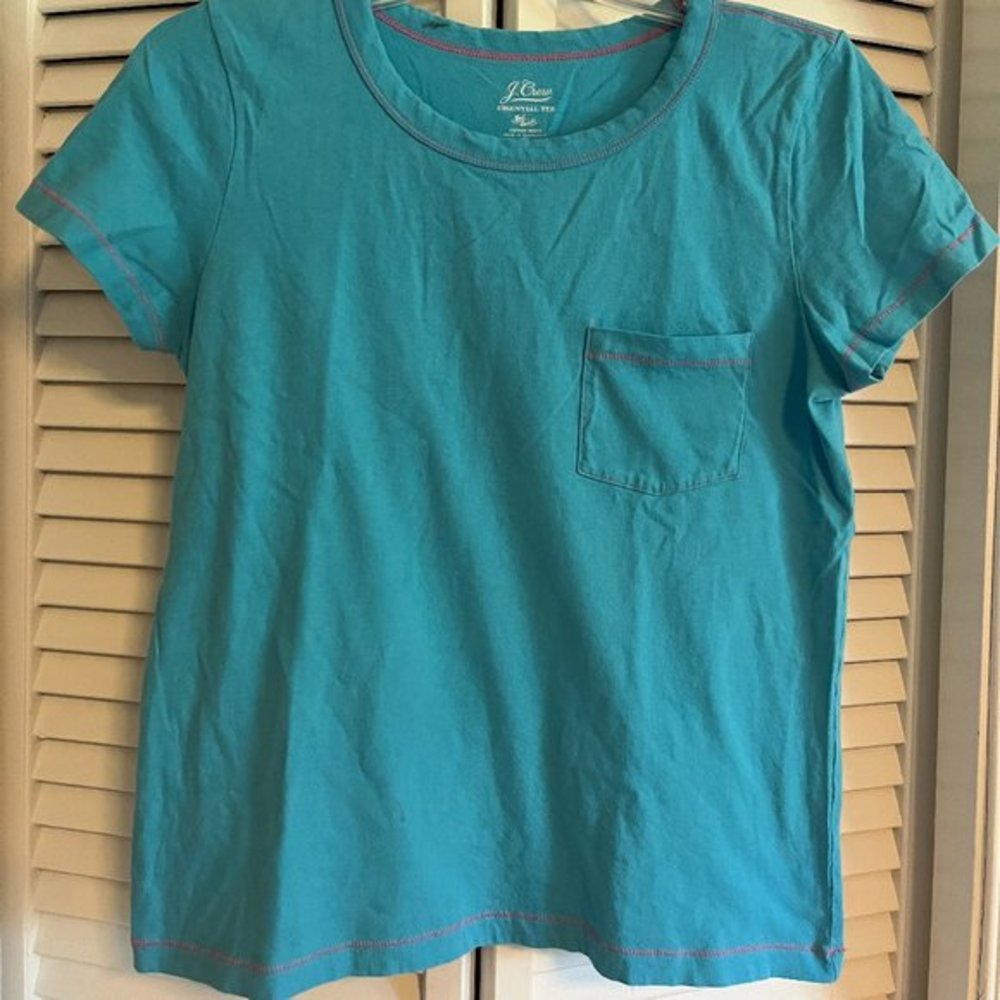 J. Crew Womens Turquoise Short Sleeve T-Shirt Top Size Small w/pink stitching